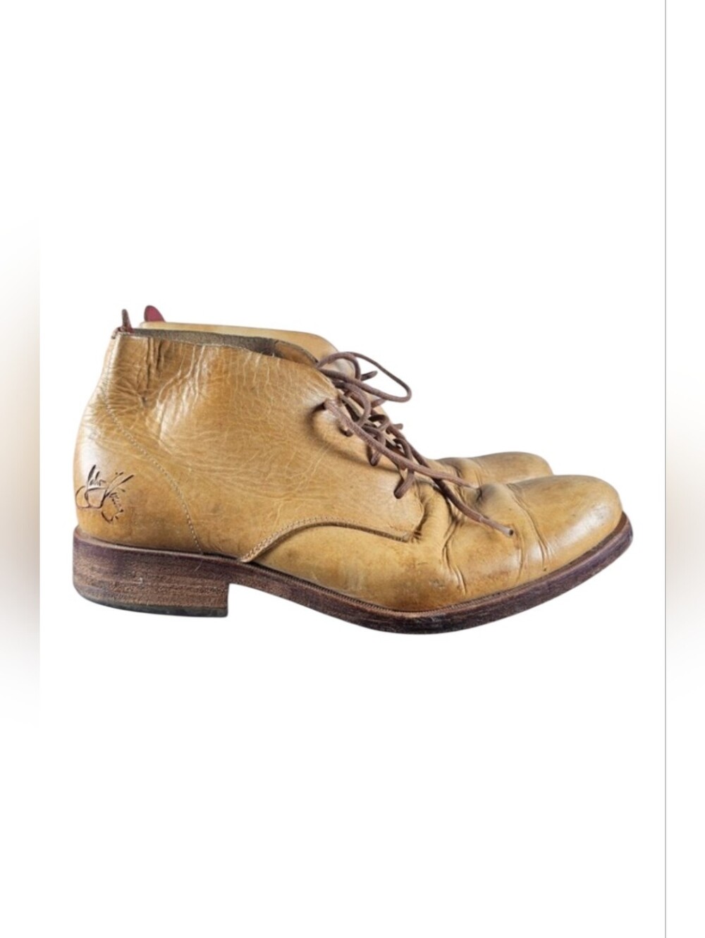 John Fluevog Yellow Camel Tan Lace Leather Preppy Honor is Strength Boots sz 8